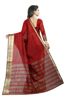 Red embroidered banarasi cotton saree with blouse 3