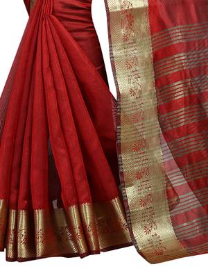 Red embroidered banarasi cotton saree with blouse 4