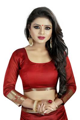 Red embroidered banarasi cotton saree with blouse 5