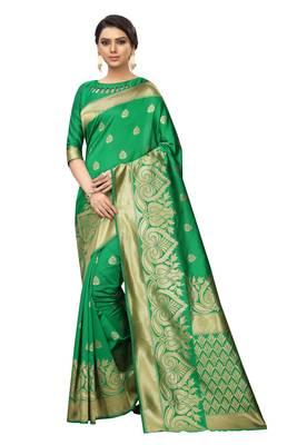 Green embroidered banarasi silk saree with blouse 1