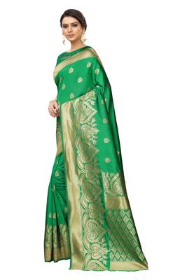 Green embroidered banarasi silk saree with blouse 3