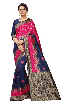 Navy blue embroidered banarasi silk saree with blouse 1