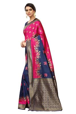 Navy blue embroidered banarasi silk saree with blouse 2
