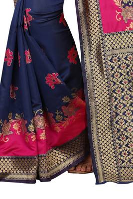 Navy blue embroidered banarasi silk saree with blouse 4