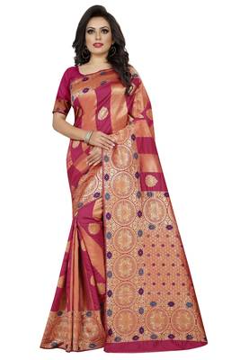 Rani pink embroidered banarasi silk saree with blouse 1