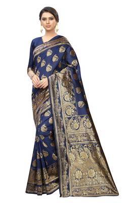 Navy blue embroidered banarasi silk saree with blouse 1