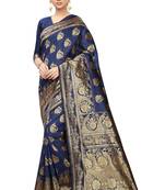 Navy blue embroidered banarasi silk saree with blouse