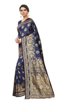 Navy blue embroidered banarasi silk saree with blouse 3