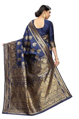 Navy blue embroidered banarasi silk saree with blouse 4