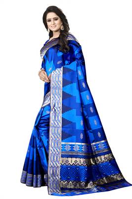 Blue embroidered banarasi silk saree with blouse 3