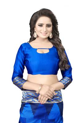 Blue embroidered banarasi silk saree with blouse 5