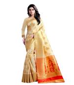 Cream embroidered banarasi silk saree with blouse