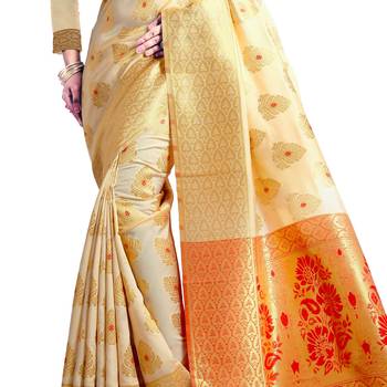 Cream embroidered banarasi silk saree with blouse 3