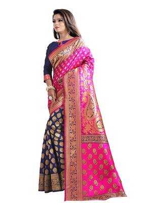 Pink embroidered banarasi silk saree with blouse 2