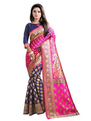 Pink embroidered banarasi silk saree with blouse 3