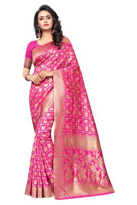 Pink embroidered banarasi silk saree with blouse 1