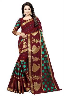 Maroon embroidered banarasi silk saree with blouse 1