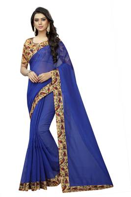 Blue plain chanderi silk saree with blouse 1