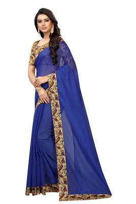 Blue plain chanderi silk saree with blouse 2