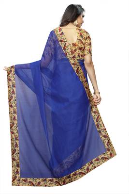 Blue plain chanderi silk saree with blouse 3