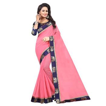 Pink plain chanderi silk saree with blouse 1