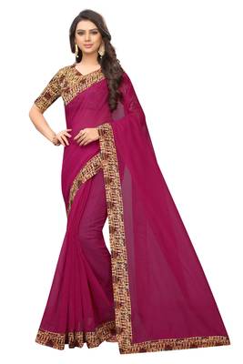 Rani pink plain chanderi silk saree with blouse 1