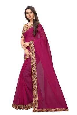 Rani pink plain chanderi silk saree with blouse 2