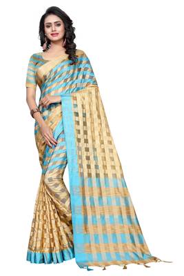 Sky blue plain cotton silk saree with blouse 1