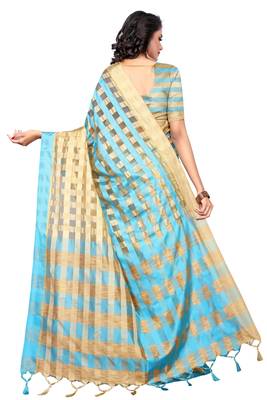 Sky blue plain cotton silk saree with blouse 3