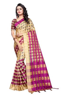 Rani pink plain cotton silk saree with blouse 1