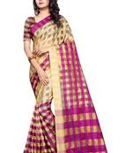 Rani pink plain cotton silk saree with blouse