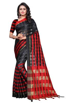 Red plain cotton silk saree with blouse 1