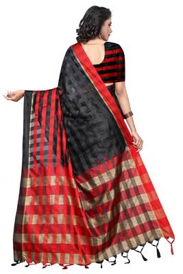 Red plain cotton silk saree with blouse 3