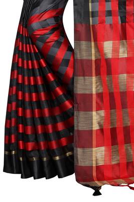 Red plain cotton silk saree with blouse 4