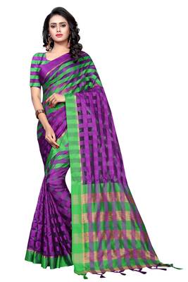 Violet plain cotton silk saree with blouse 1