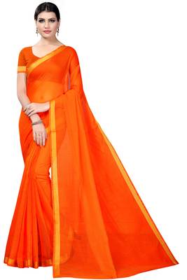 Orange plain cotton silk saree with blouse 1