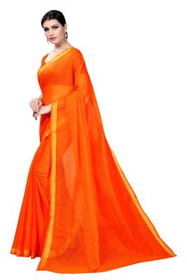 Orange plain cotton silk saree with blouse 2