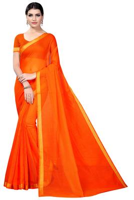Orange plain cotton silk saree with blouse 3