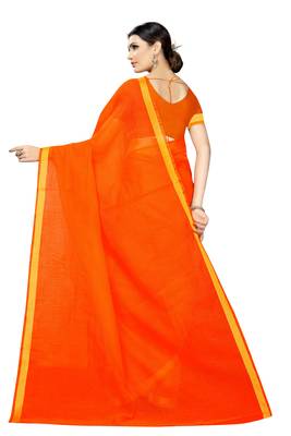 Orange plain cotton silk saree with blouse 4