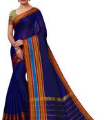 Navy blue plain cotton silk saree with blouse