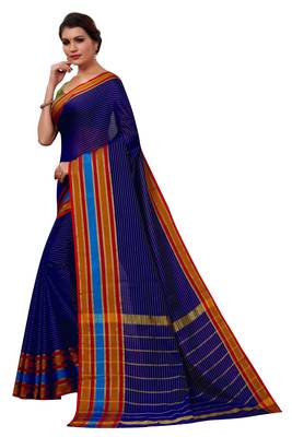 Navy blue plain cotton silk saree with blouse 2