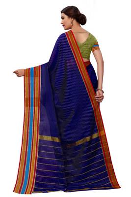 Navy blue plain cotton silk saree with blouse 3