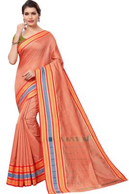 Peach plain cotton silk saree with blouse 1