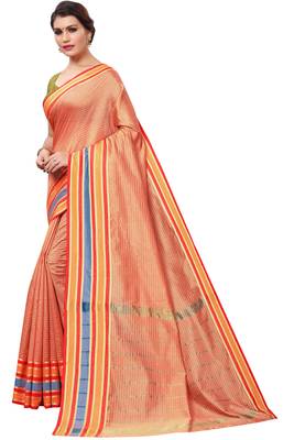 Peach plain cotton silk saree with blouse 2