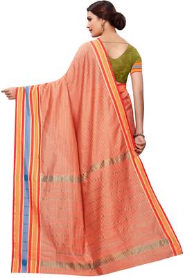 Peach plain cotton silk saree with blouse 3
