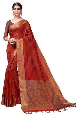 Red plain cotton silk saree with blouse 1