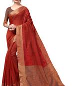 Red plain cotton silk saree with blouse