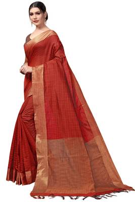 Red plain cotton silk saree with blouse 2