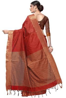 Red plain cotton silk saree with blouse 3