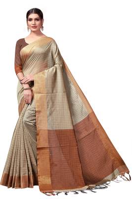 Chiku plain cotton silk saree with blouse 1